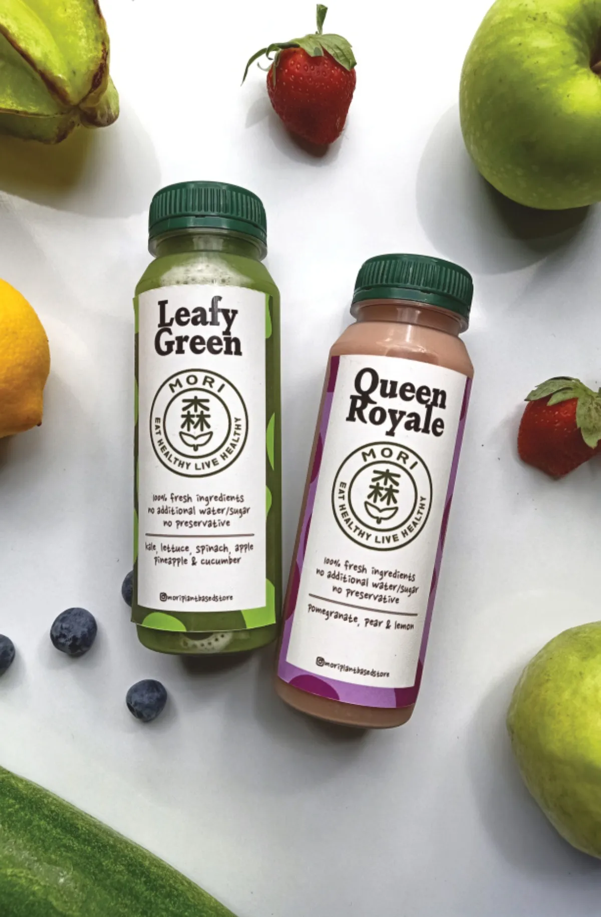 Botol cold-pressed juice Leafy Green dan Queen Royale dari MORI